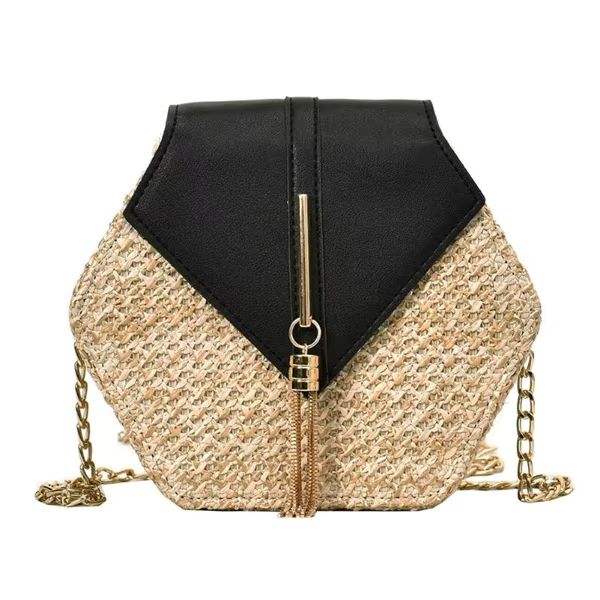 Boho Straw Rattan Shoulder Bag  Hexagon Handmade Woven Summer Handbag With Leather Strap 8