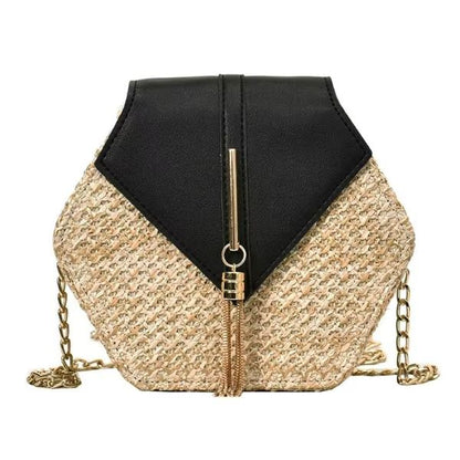 Boho Straw Rattan Shoulder Bag  Hexagon Handmade Woven Summer Handbag With Leather Strap 8