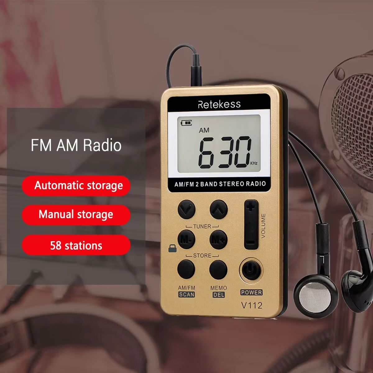 Pocket AM FM Radio  Retekess V112 Mini Rechargeable Portable Radio With Sleep Timer And Earphones 2