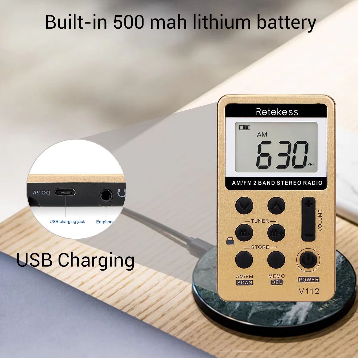 Pocket AM FM Radio  Retekess V112 Mini Rechargeable Portable Radio With Sleep Timer And Earphones 5