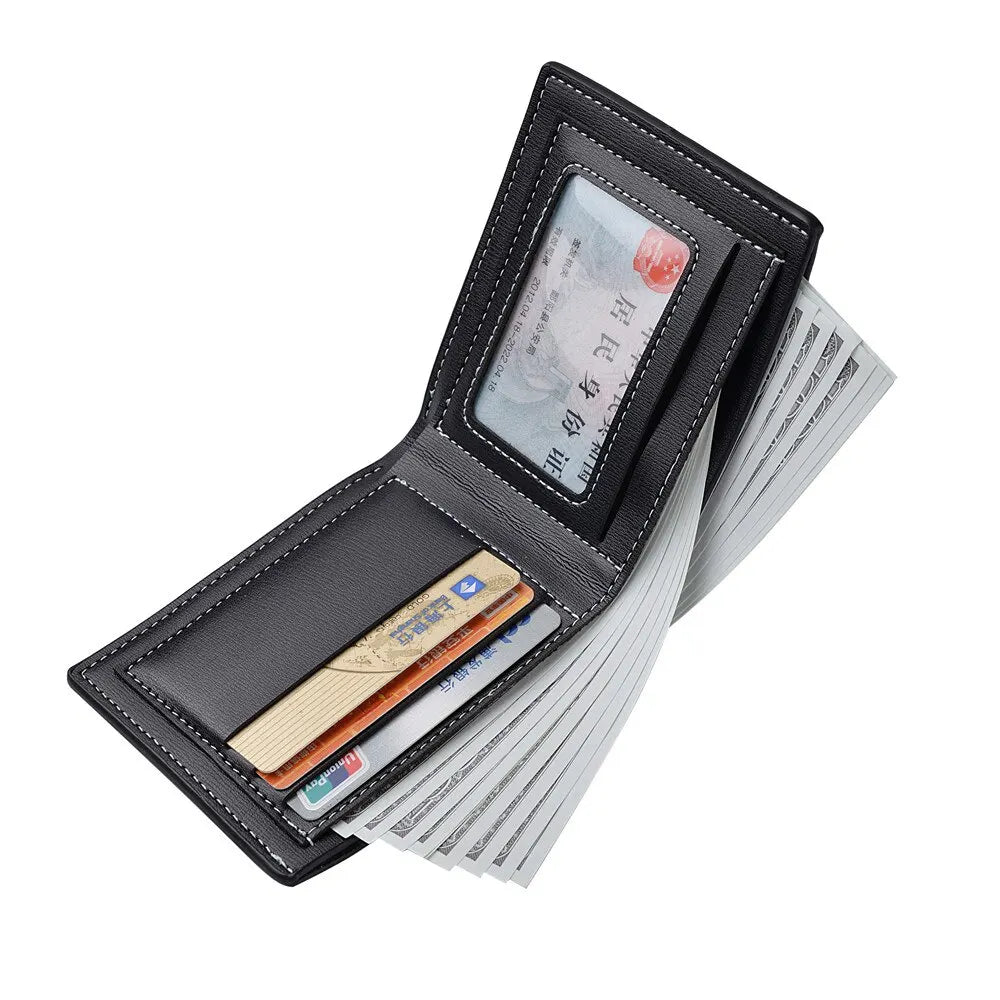 Men PU Leather Short Wallet, Slim Bifold Multi Card Holder Purse With ID Window, Folding Casual Credit Wallet