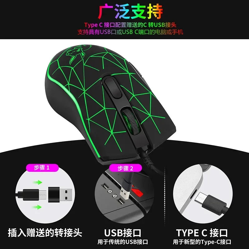 Wired Type-C Mouse with LED Lights, Type C USB Optical Mouse for Huawei, Apple Devices, Tablets, Laptops