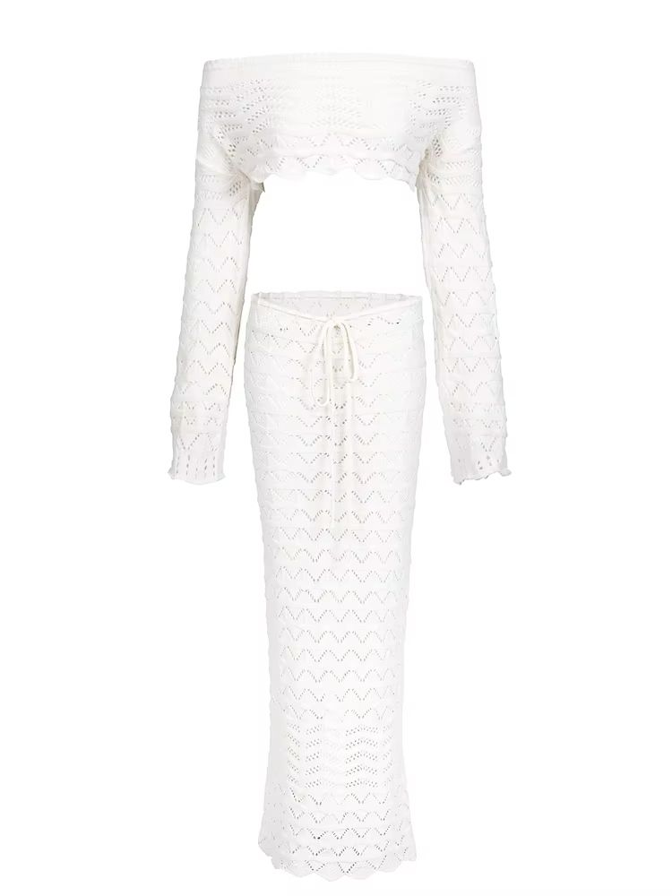 ChicWave Summer Knit Beach Set Two Piece Drawstring Skirt And One Shoulder Top 3