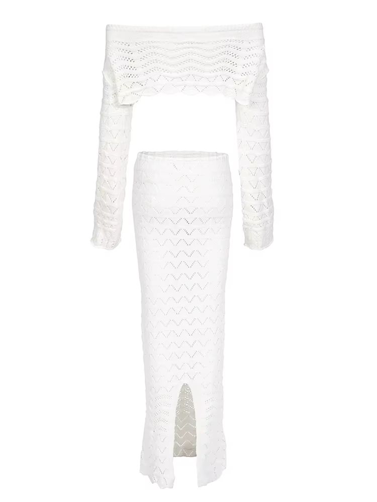 ChicWave Summer Knit Beach Set Two Piece Drawstring Skirt And One Shoulder Top 4