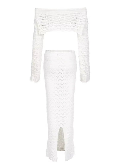 ChicWave Summer Knit Beach Set Two Piece Drawstring Skirt And One Shoulder Top 4