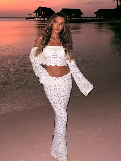ChicWave Summer Knit Beach Set Two Piece Drawstring Skirt And One Shoulder Top 5