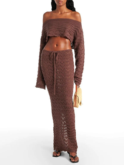 ChicWave Summer Knit Beach Set Two Piece Drawstring Skirt And One Shoulder Top 6