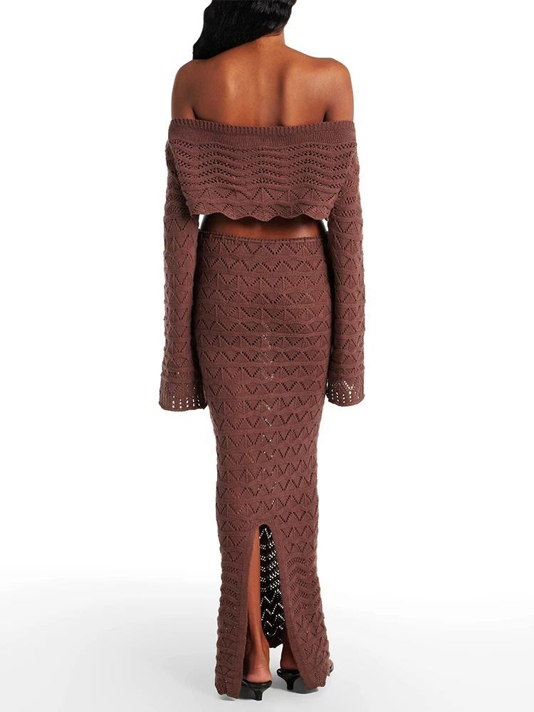 ChicWave Summer Knit Beach Set Two Piece Drawstring Skirt And One Shoulder Top 7