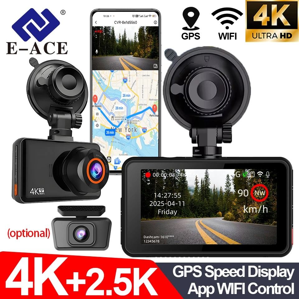 E ACE Dual Dash Cam with 4K Front and 2.5K Rear Camera Support for GPS WiFi Parking and Loop Recording