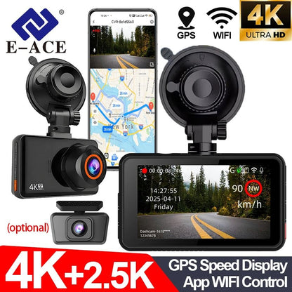 E ACE Dual Dash Cam with 4K Front and 2.5K Rear Camera Support for GPS WiFi Parking and Loop Recording