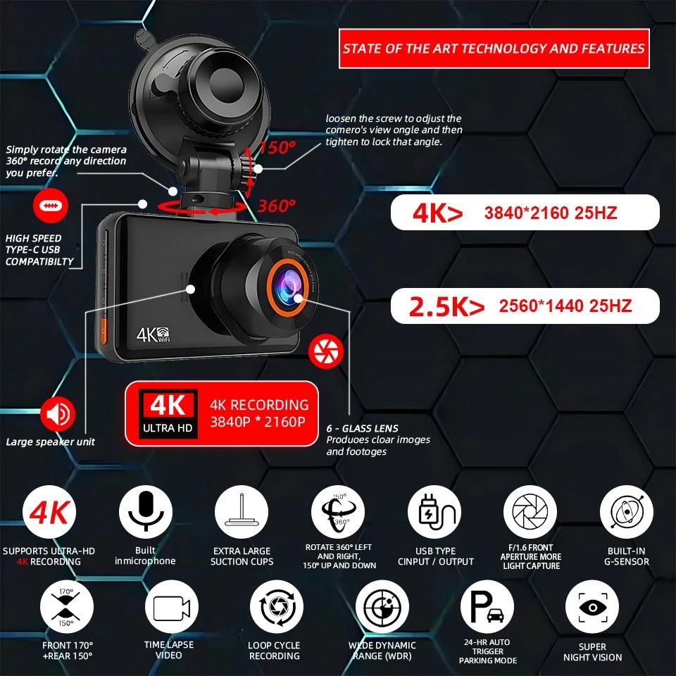 E ACE Dual Dash Cam With 4K Front And 25K Rear Camera Support For GPS WiFi Parking And Loop Recordi 1