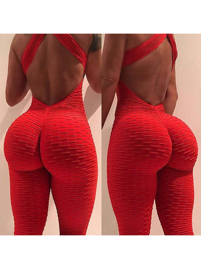Womens Sports Suit, Sleeveless Backless Jumpsuit, Quick-Dry Gym Bodysuit, Fitness Tights Scrunch Leggings for Workouts