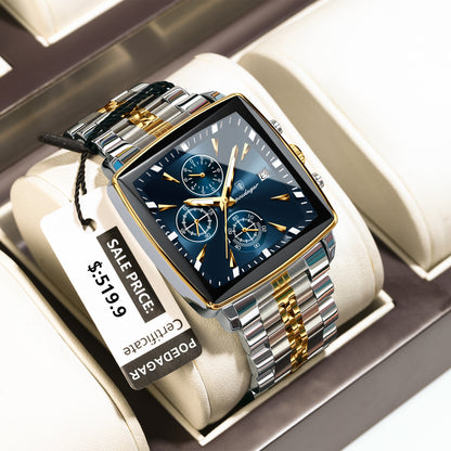 Square Stainless Steel POEDAGAR Fashion Men Watch Quartz Chronograph, Luminous Waterproof Date Wristwatch