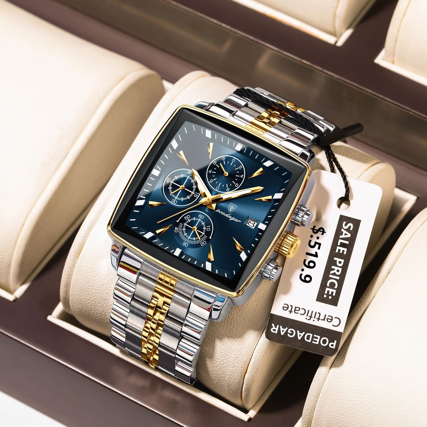 Square Stainless Steel POEDAGAR Fashion Men Watch Quartz Chronograph, Luminous Waterproof Date Wristwatch