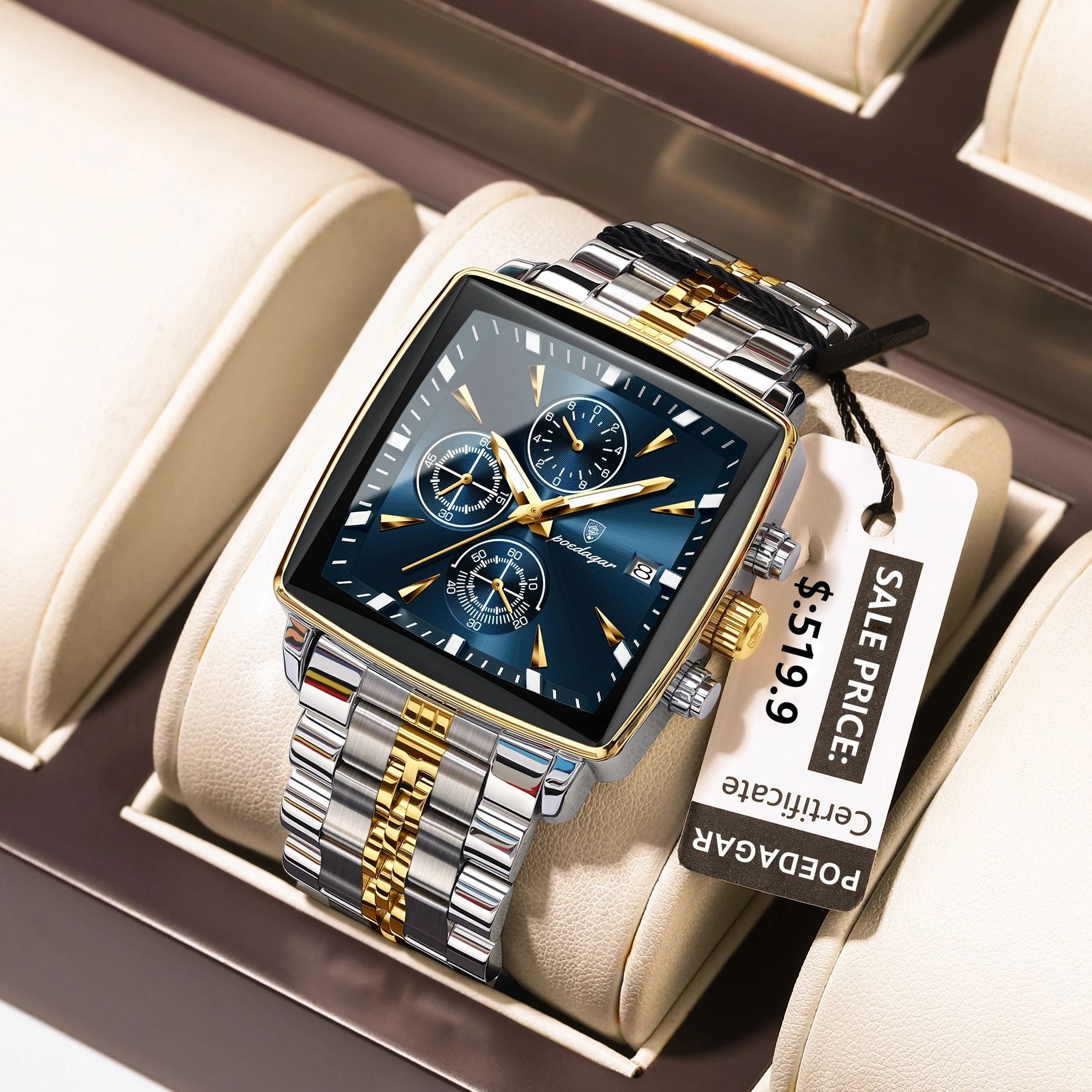 Square Stainless Steel POEDAGAR Fashion Men Watch Quartz Chronograph, Luminous Waterproof Date Wristwatch
