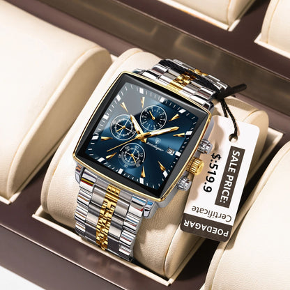 Square Stainless Steel POEDAGAR Fashion Men Watch Quartz Chronograph, Luminous Waterproof Date Wristwatch