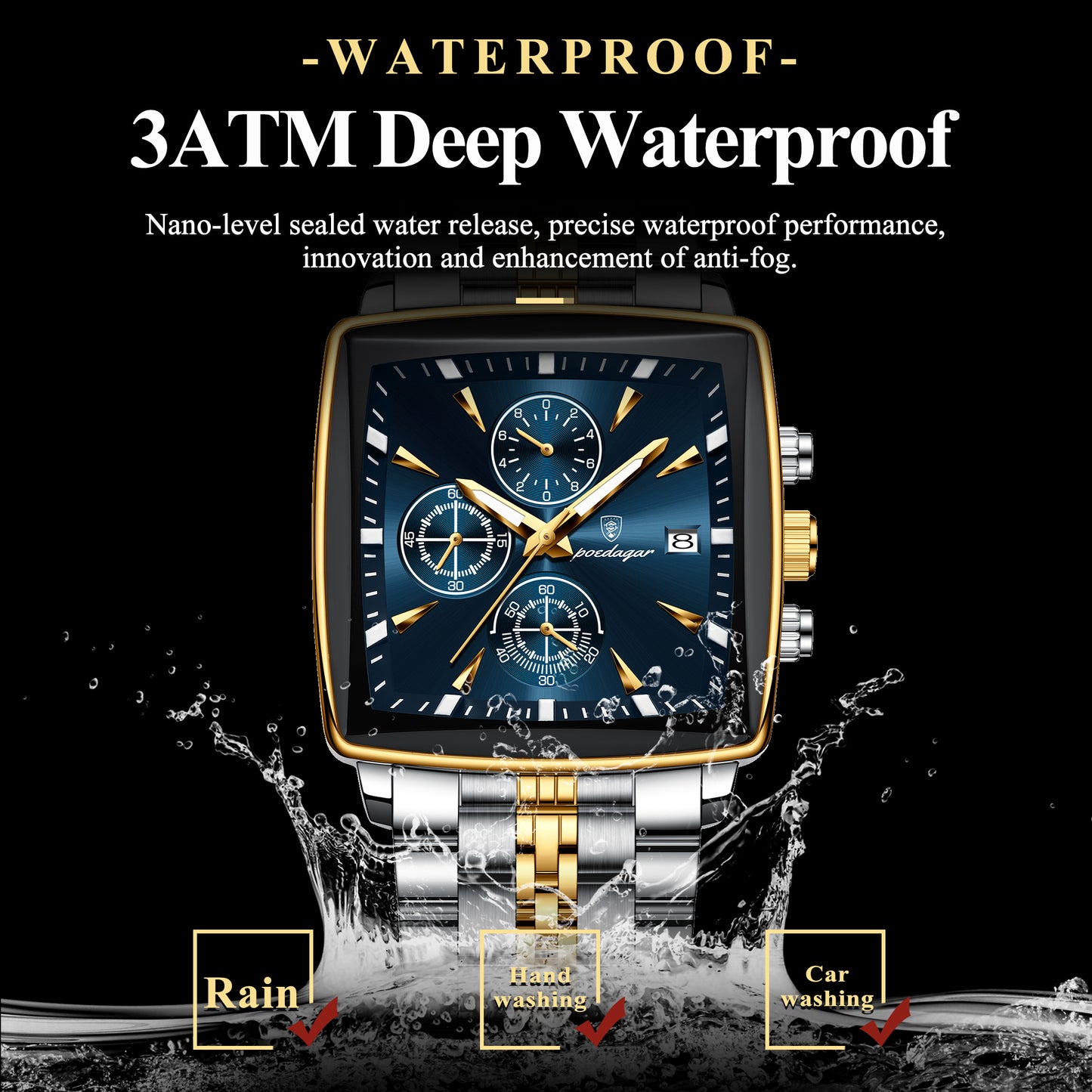 Square Stainless Steel POEDAGAR Fashion Men Watch Quartz Chronograph, Luminous Waterproof Date Wristwatch