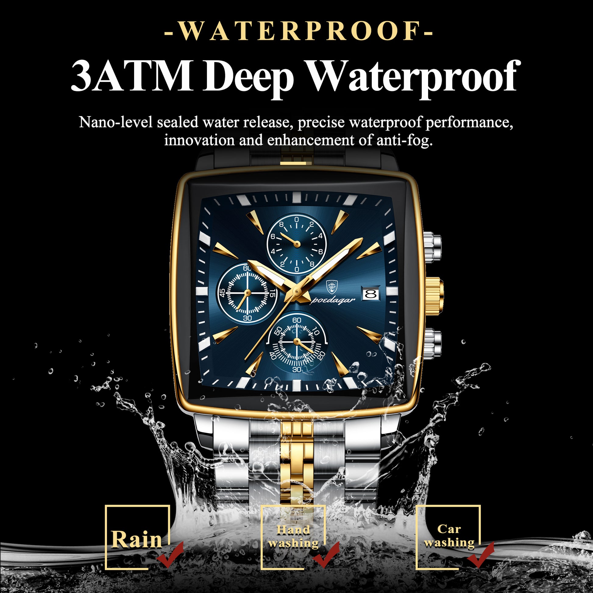 Square Stainless Steel POEDAGAR Fashion Men Watch Quartz Chronograph, Luminous Waterproof Date Wristwatch