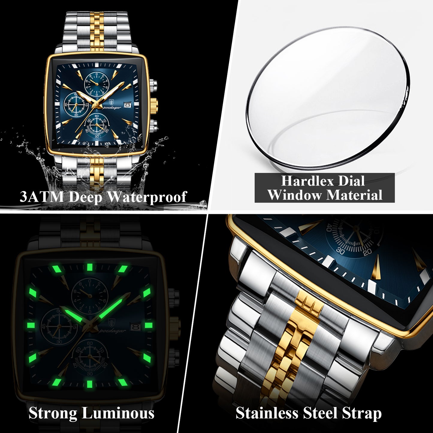 Square Stainless Steel POEDAGAR Fashion Men Watch Quartz Chronograph, Luminous Waterproof Date Wristwatch