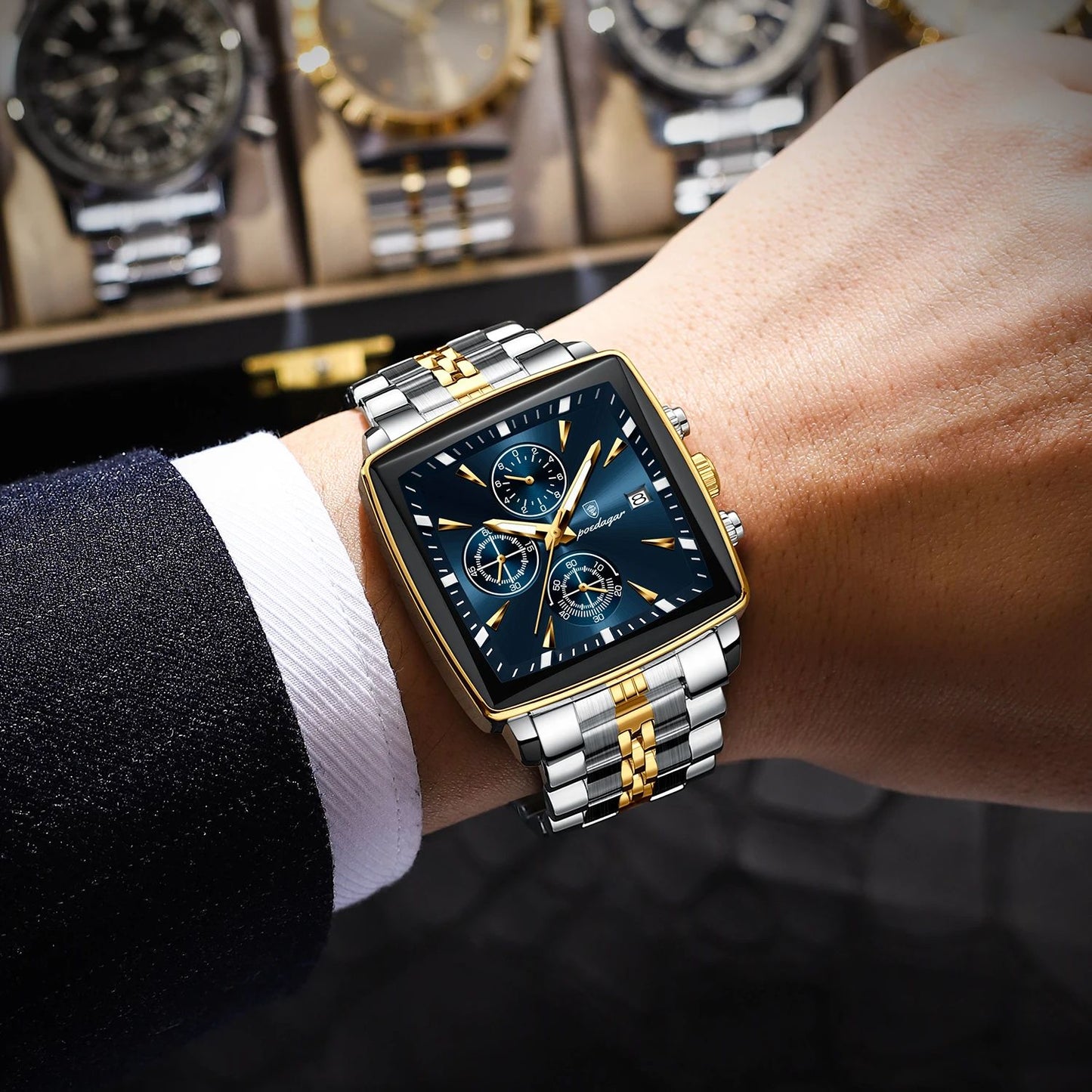 Square Stainless Steel POEDAGAR Fashion Men Watch Quartz Chronograph, Luminous Waterproof Date Wristwatch