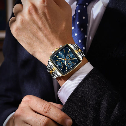 Square Stainless Steel POEDAGAR Fashion Men Watch Quartz Chronograph, Luminous Waterproof Date Wristwatch