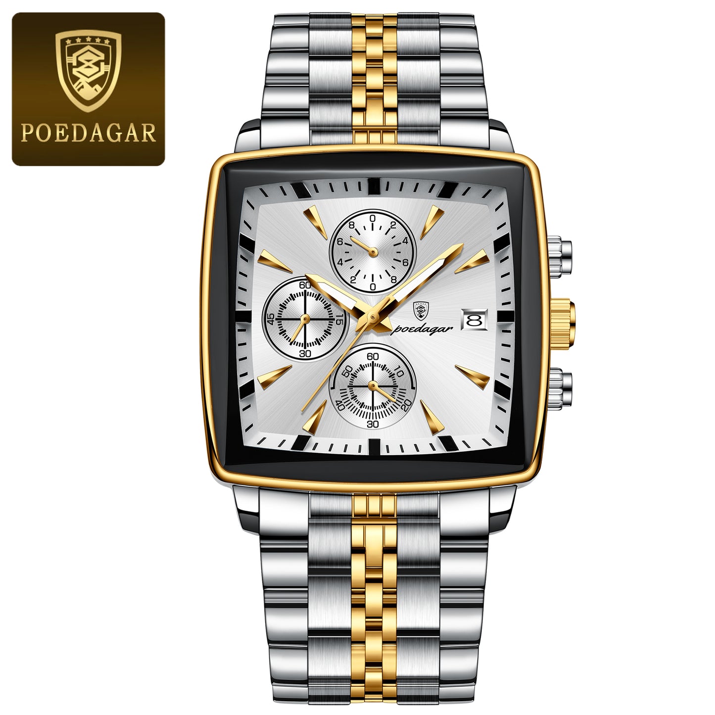 Square Stainless Steel POEDAGAR Fashion Men Watch Quartz Chronograph, Luminous Waterproof Date Wristwatch
