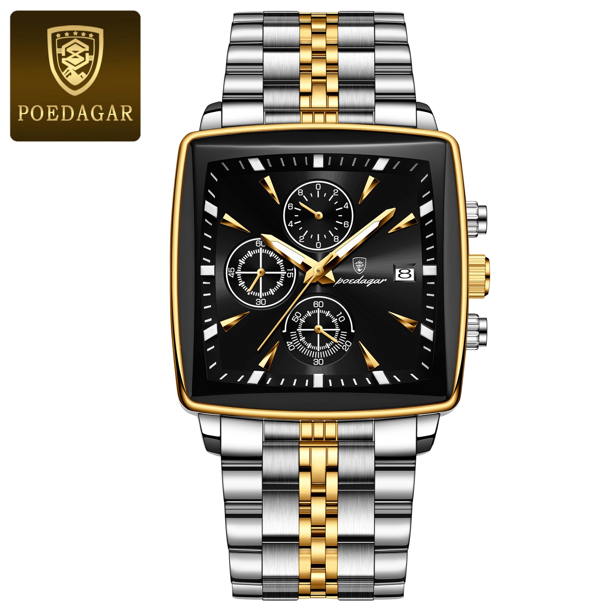 Square Stainless Steel POEDAGAR Fashion Men Watch Quartz Chronograph, Luminous Waterproof Date Wristwatch