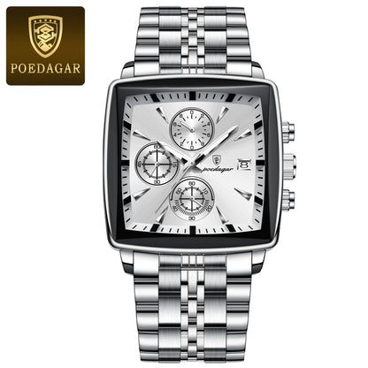 Square Stainless Steel POEDAGAR Fashion Men Watch Quartz Chronograph, Luminous Waterproof Date Wristwatch