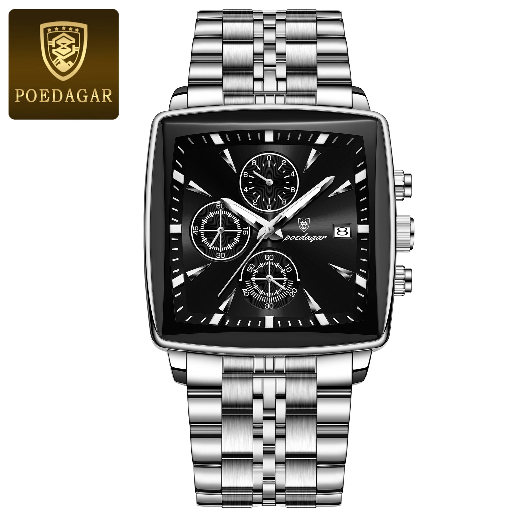 Square Stainless Steel POEDAGAR Fashion Men Watch Quartz Chronograph, Luminous Waterproof Date Wristwatch