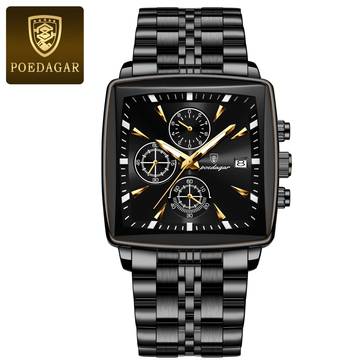 Square Stainless Steel POEDAGAR Fashion Men Watch Quartz Chronograph, Luminous Waterproof Date Wristwatch