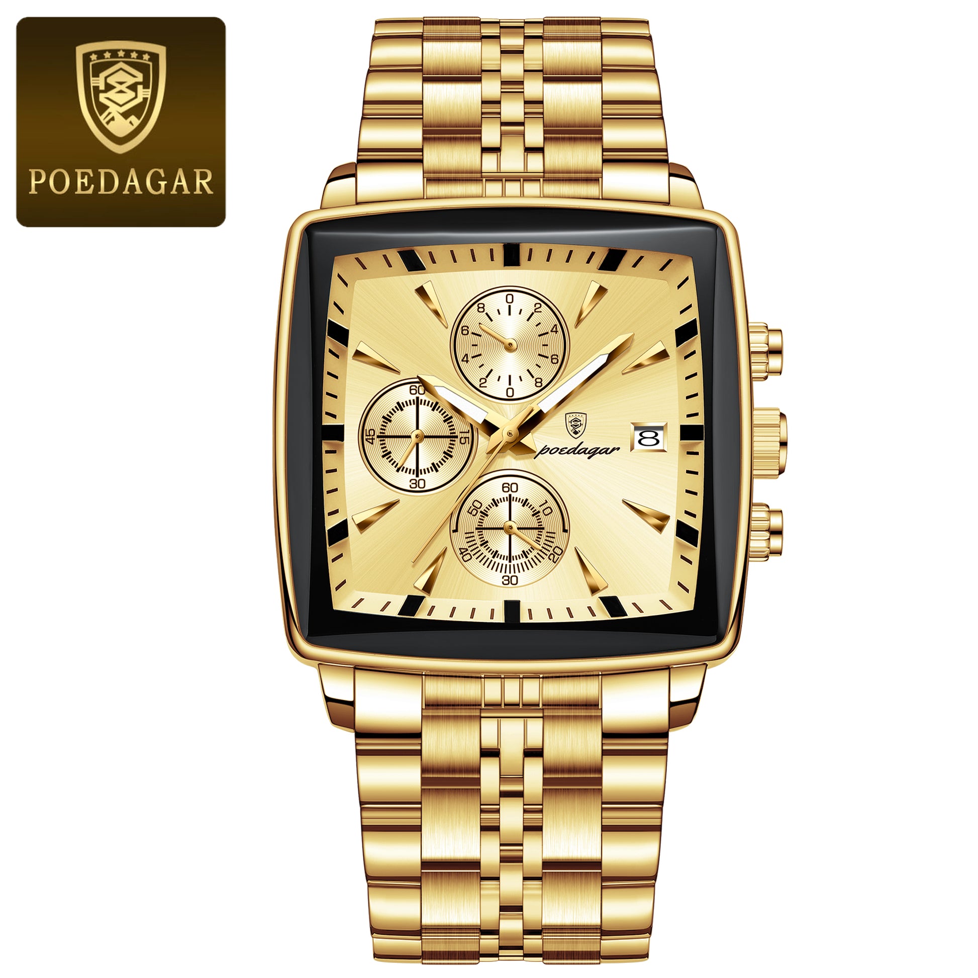 Square Stainless Steel POEDAGAR Fashion Men Watch Quartz Chronograph, Luminous Waterproof Date Wristwatch