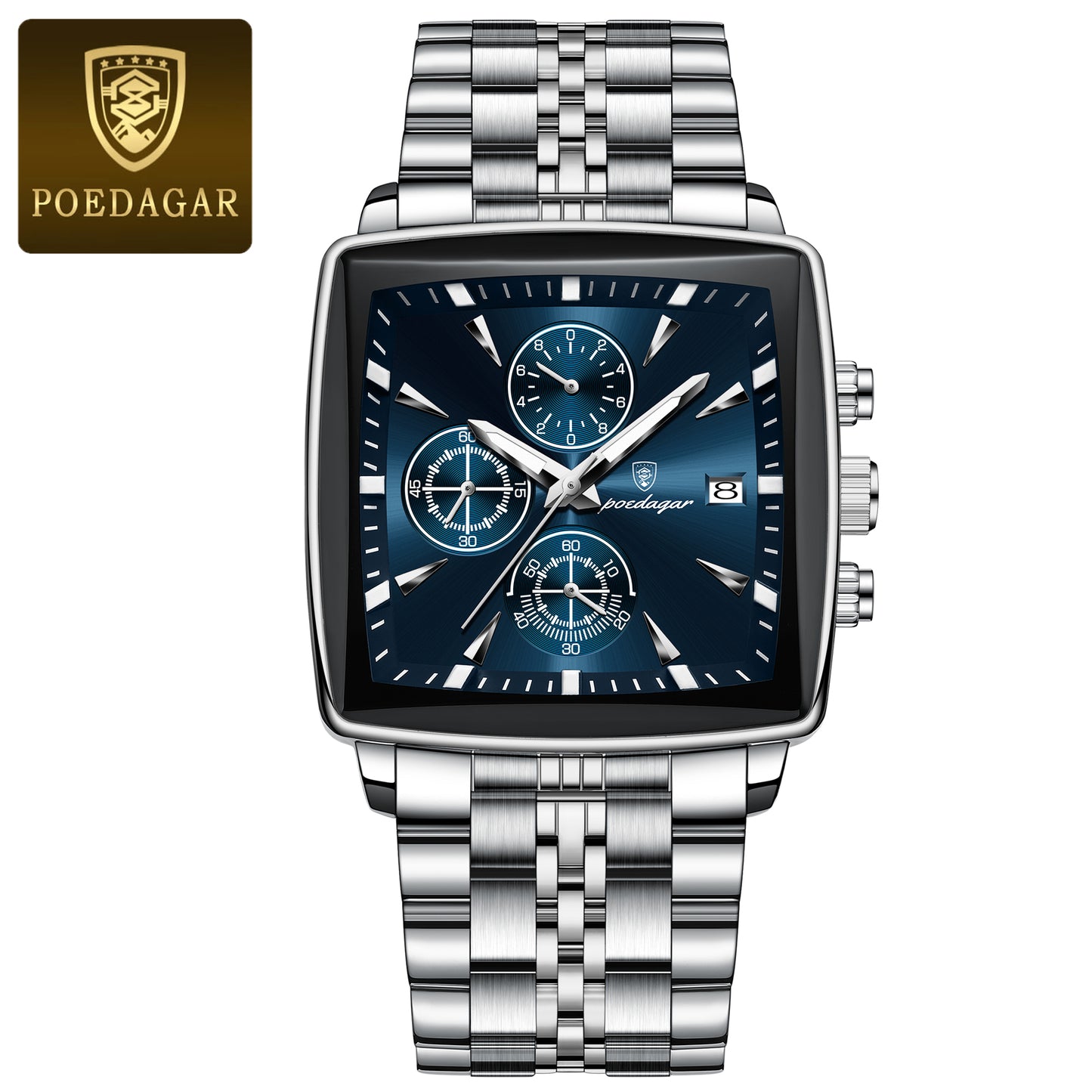 Square Stainless Steel POEDAGAR Fashion Men Watch Quartz Chronograph, Luminous Waterproof Date Wristwatch