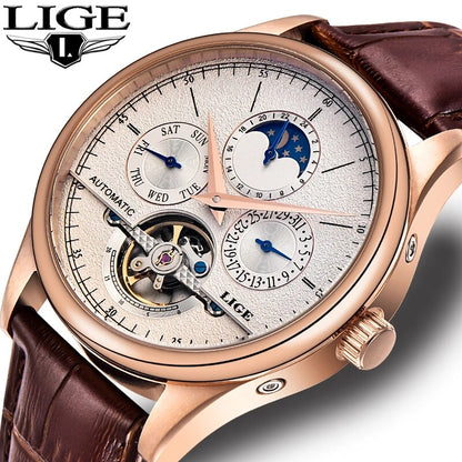 Automatic Mechanical Watch for Men, Tourbillon Clock, Waterproof Military Wristwatch, Leather Strap Durable Watch