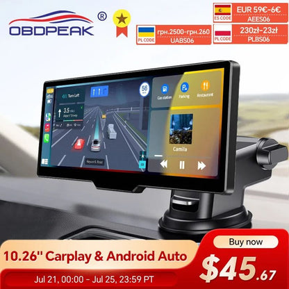 OBDPEAK T20 Smart Rearview Dash Cam with 10.26 Inch Touchscreen Car DVR and GPS Navigation