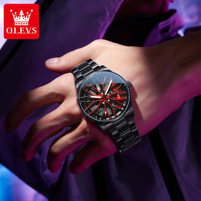 High Quality OLEVS Men Watches Waterproof, Car Rim Sport Quartz Watch, Stainless Steel Fashion Men Luxury Watch