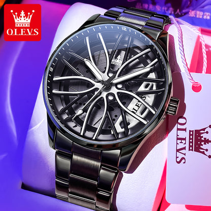 High Quality OLEVS Men Watches Waterproof, Car Rim Sport Quartz Watch, Stainless Steel Fashion Men Luxury Watch