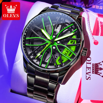 High Quality OLEVS Men Watches Waterproof, Car Rim Sport Quartz Watch, Stainless Steel Fashion Men Luxury Watch