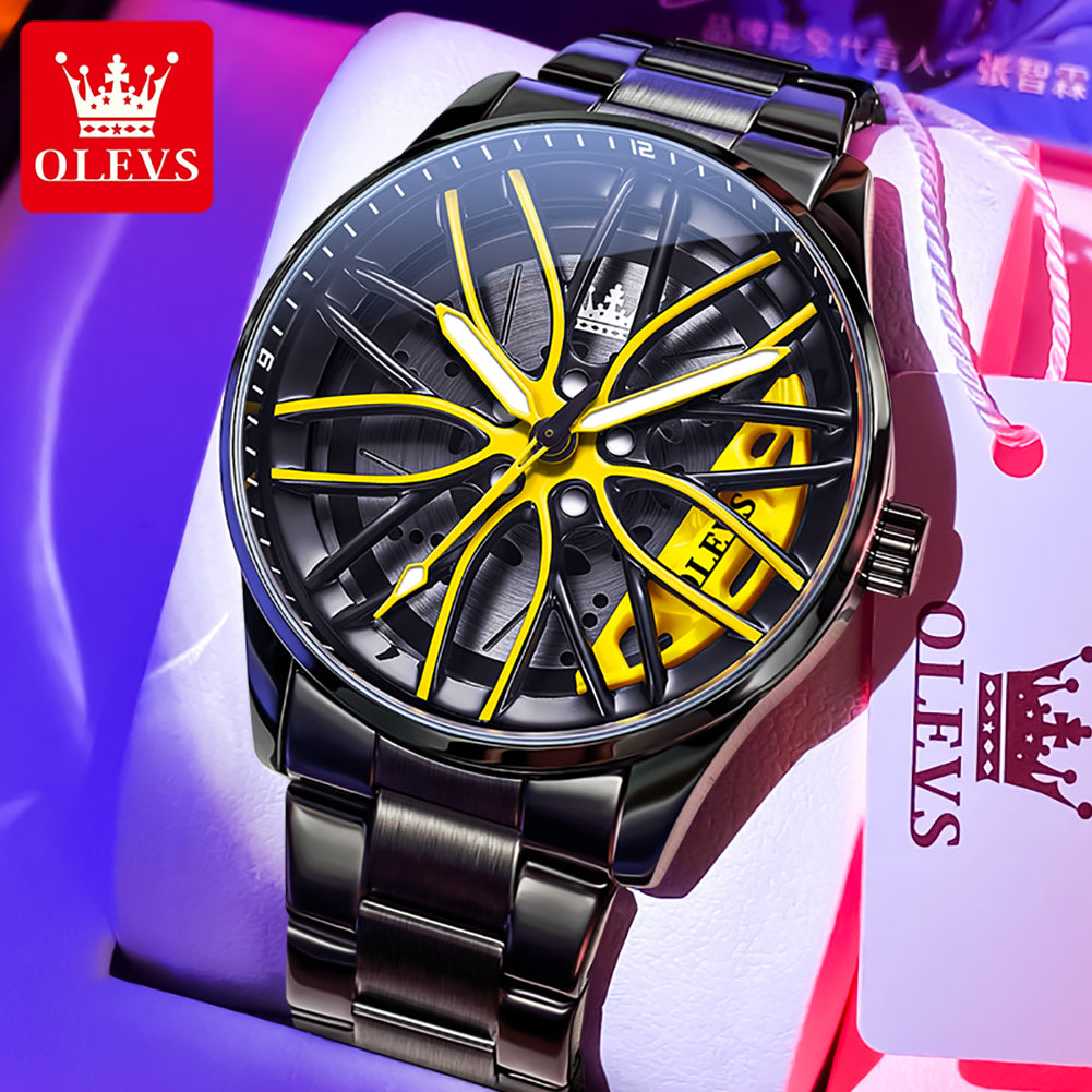 High Quality OLEVS Men Watches Waterproof, Car Rim Sport Quartz Watch, Stainless Steel Fashion Men Luxury Watch