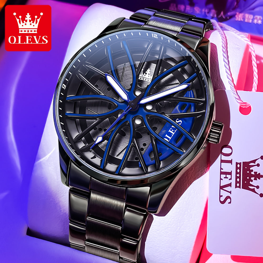 High Quality OLEVS Men Watches Waterproof, Car Rim Sport Quartz Watch, Stainless Steel Fashion Men Luxury Watch