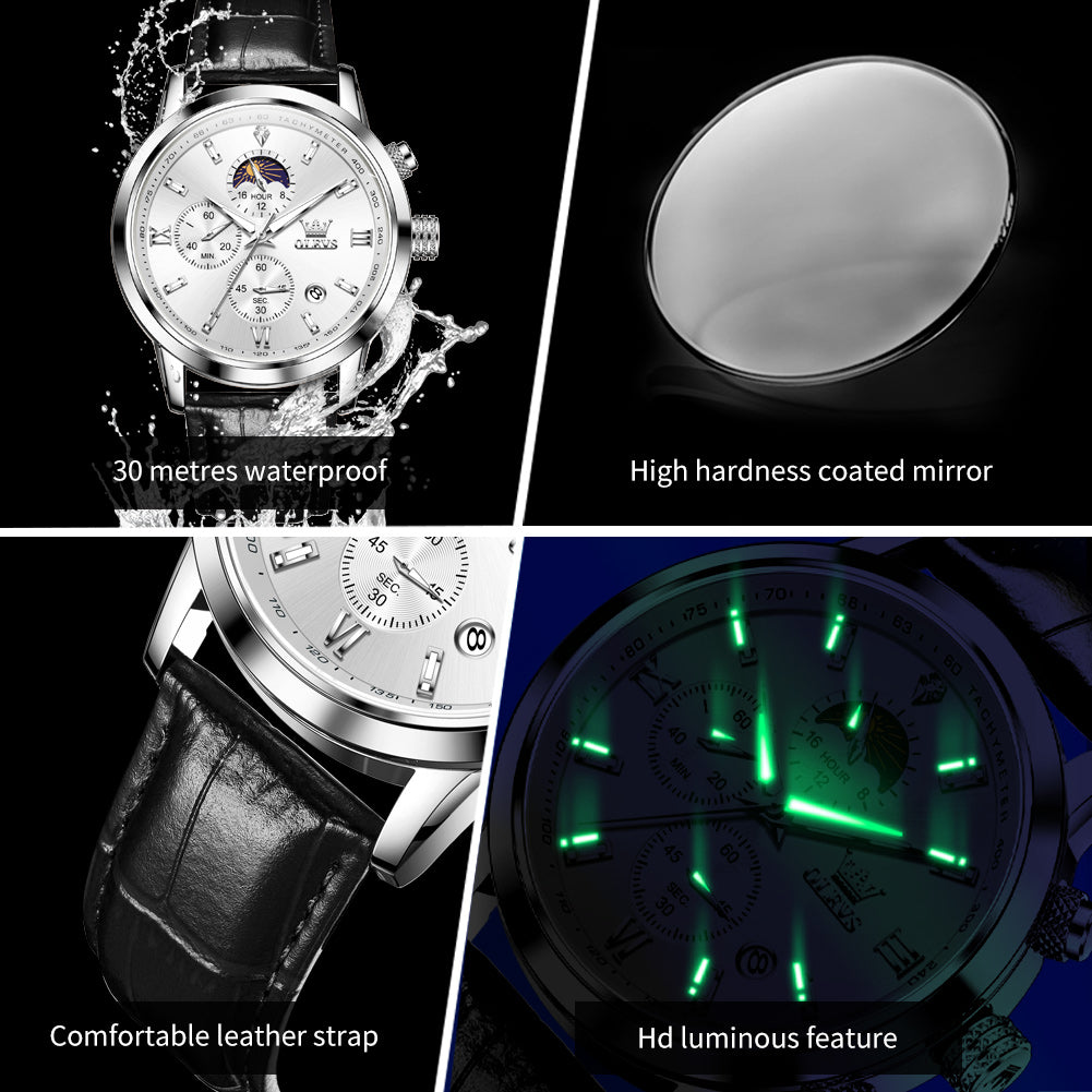 Luxury Brand Men Quartz Watch, Waterproof Chronograph Moonphase Watch for Men, New Fashion Multifunction Timepiece