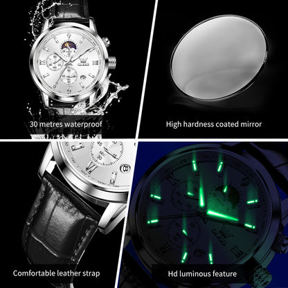 Luxury Brand Men Quartz Watch, Waterproof Chronograph Moonphase Watch for Men, New Fashion Multifunction Timepiece