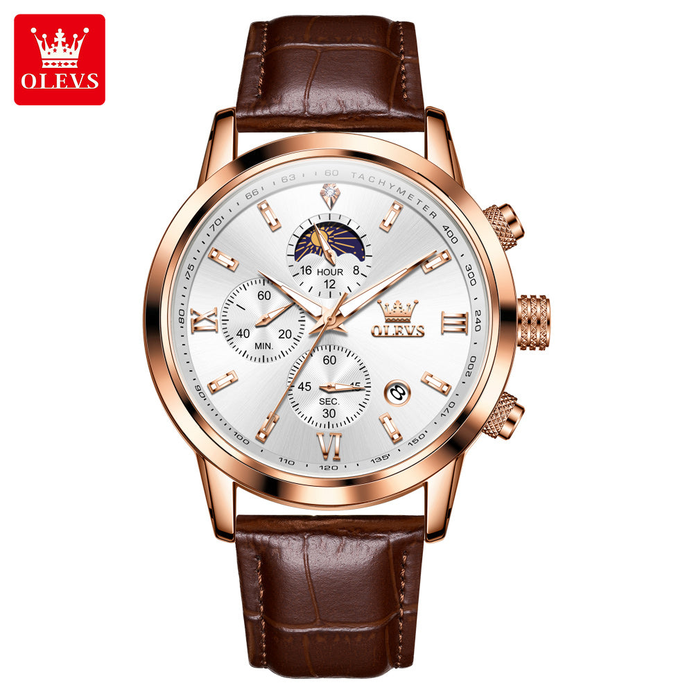 Luxury Brand Men Quartz Watch, Waterproof Chronograph Moonphase Watch for Men, New Fashion Multifunction Timepiece