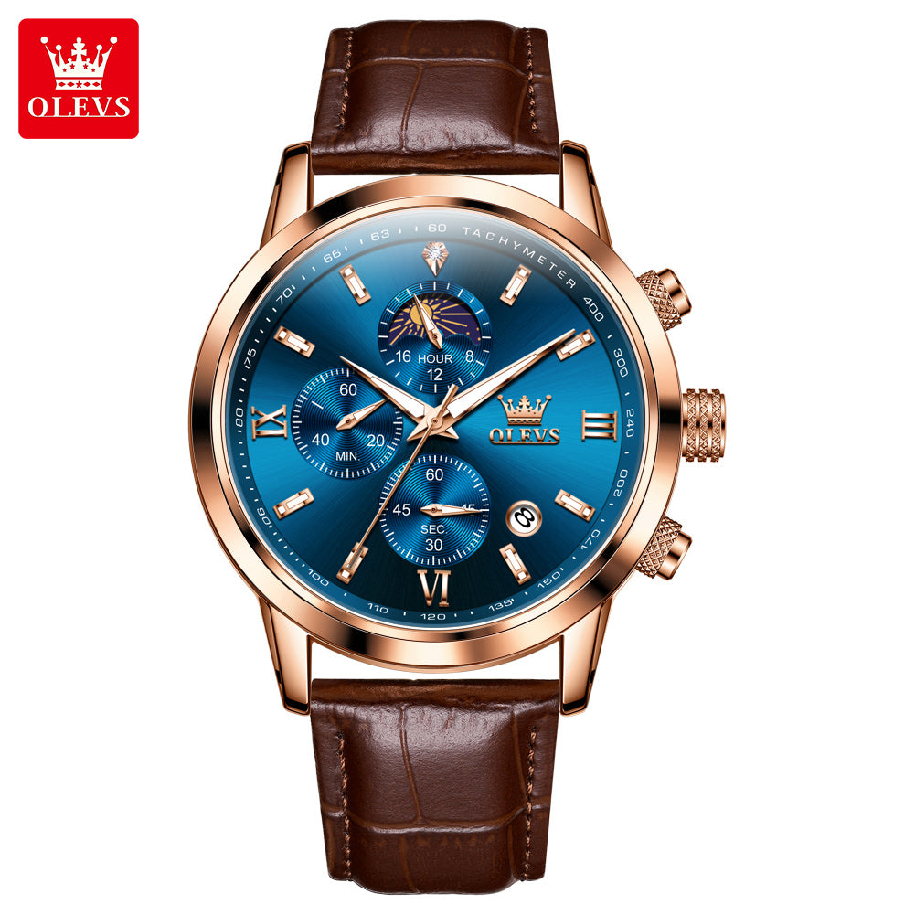 Luxury Brand Men Quartz Watch, Waterproof Chronograph Moonphase Watch for Men, New Fashion Multifunction Timepiece