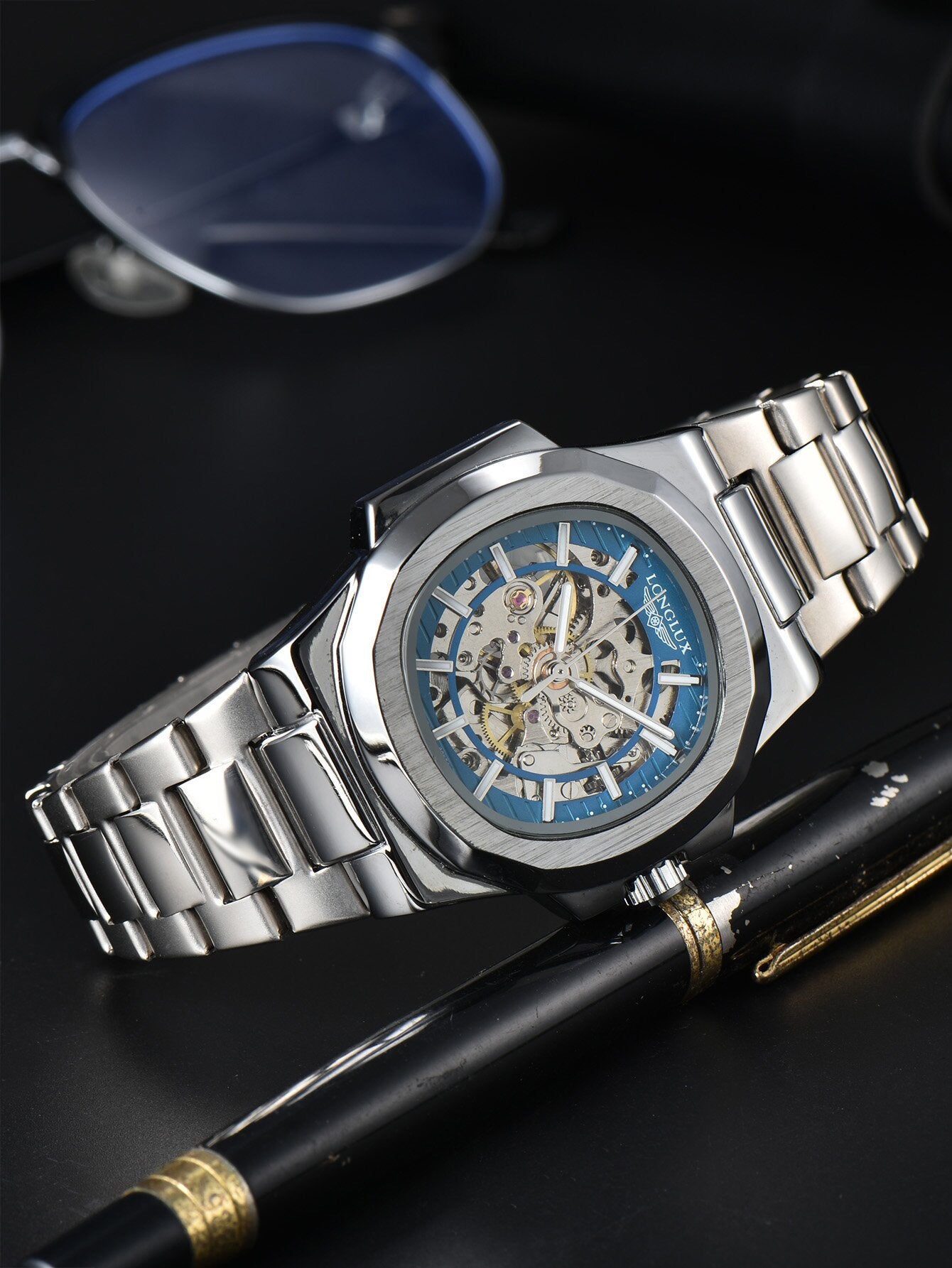 Luxury LONGLUX Men Automatic Mechanical Watch, Waterproof Skeleton, Stainless Steel Business Gift Watch