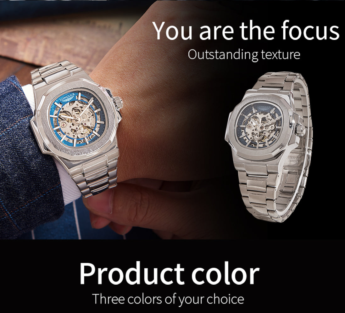 Luxury LONGLUX Men Automatic Mechanical Watch, Waterproof Skeleton, Stainless Steel Business Gift Watch
