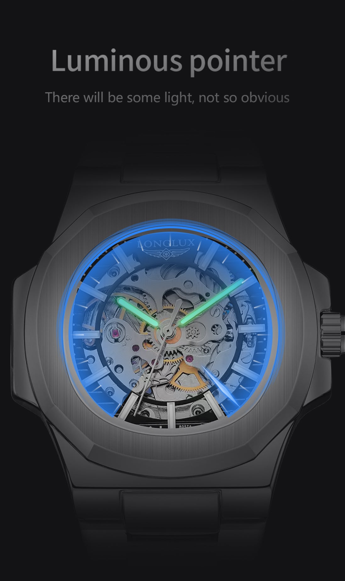 Luxury LONGLUX Men Automatic Mechanical Watch, Waterproof Skeleton, Stainless Steel Business Gift Watch