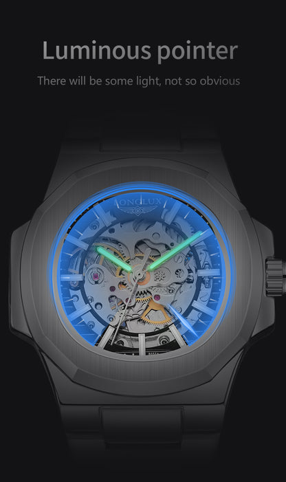 Luxury LONGLUX Men Automatic Mechanical Watch, Waterproof Skeleton, Stainless Steel Business Gift Watch