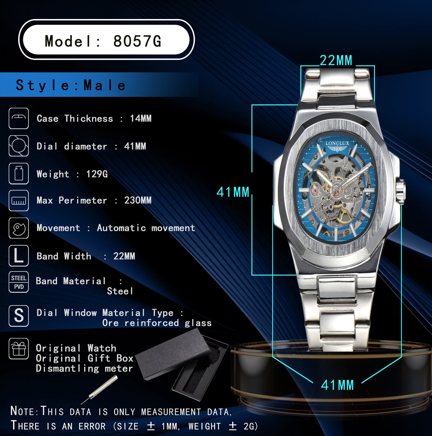Luxury LONGLUX Men Automatic Mechanical Watch, Waterproof Skeleton, Stainless Steel Business Gift Watch