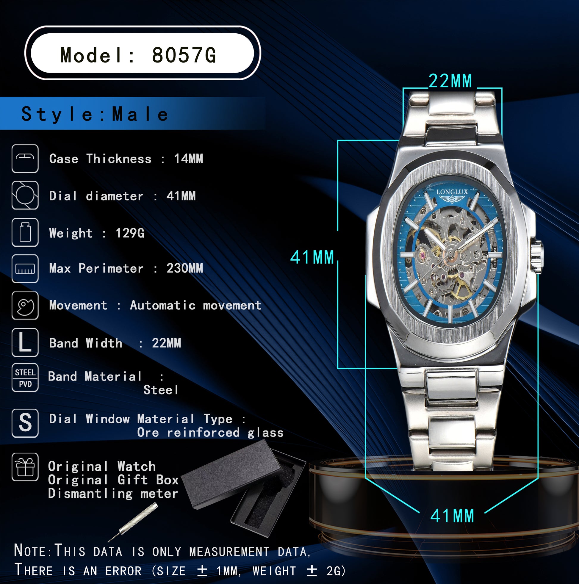 Luxury LONGLUX Men Automatic Mechanical Watch, Waterproof Skeleton, Stainless Steel Business Gift Watch