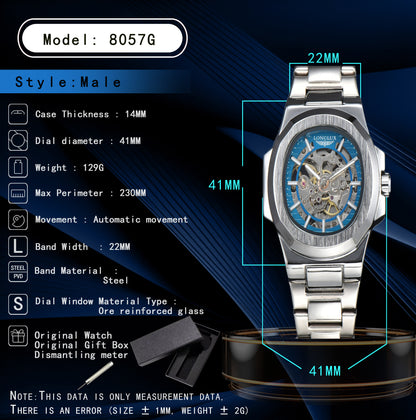 Luxury LONGLUX Men Automatic Mechanical Watch, Waterproof Skeleton, Stainless Steel Business Gift Watch